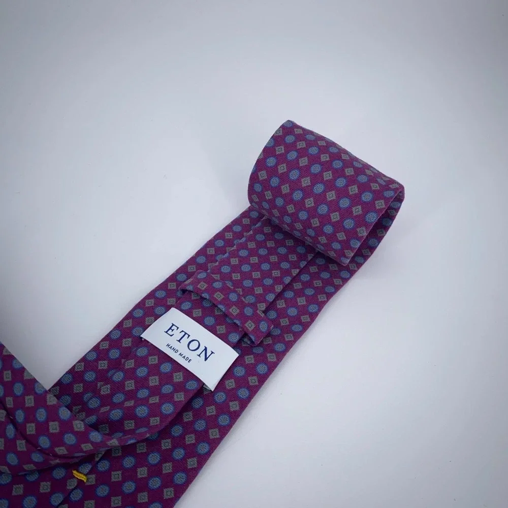 Eton Tie Mens One Size Purple Patterned Wool Classic Luxury Necktie Italy Made